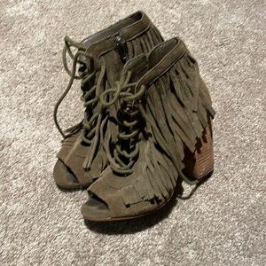Olive green suede fringe booties!!